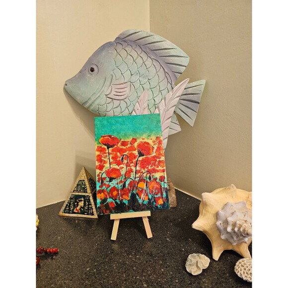 Poppies Original Oil Painting Red Flowers 5x7" Impasto Palette Knife Textured - Picture 4 of 11